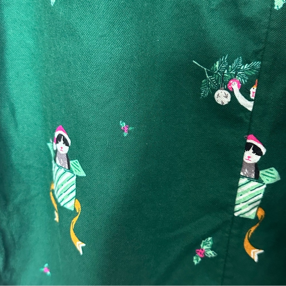 LOFT flannel kitten Cat Christmas pajamas Medium Green short sleeve pants button - Picture 6 of 16